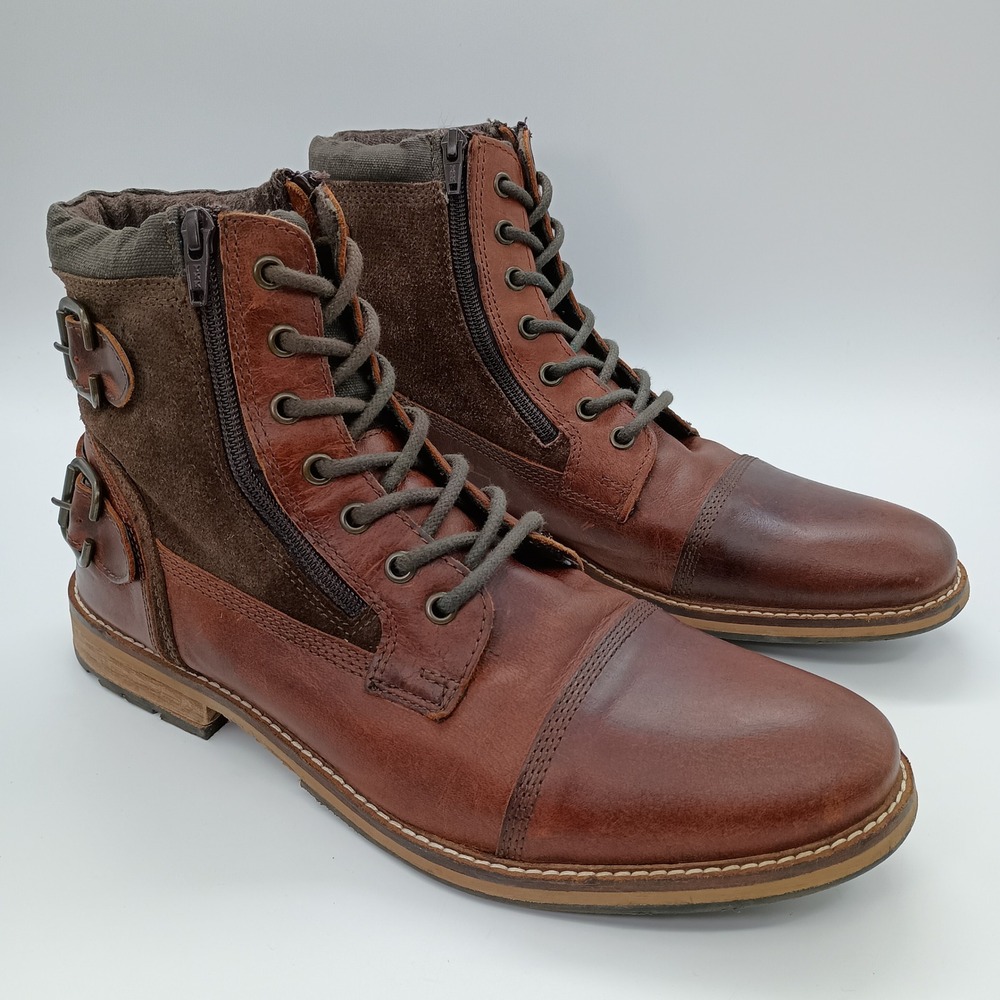 Franco Fortini Dalton Brown Leather Combat Boots Mens 10 Cap Toe Side‎ Zip